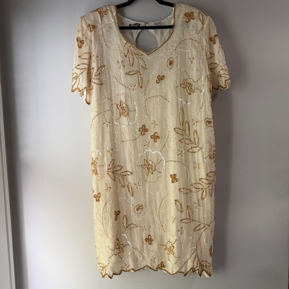 Amor Silk Beaded Shift Dress Women 1X Cream Gold Sequin Floral Scalloped Hem